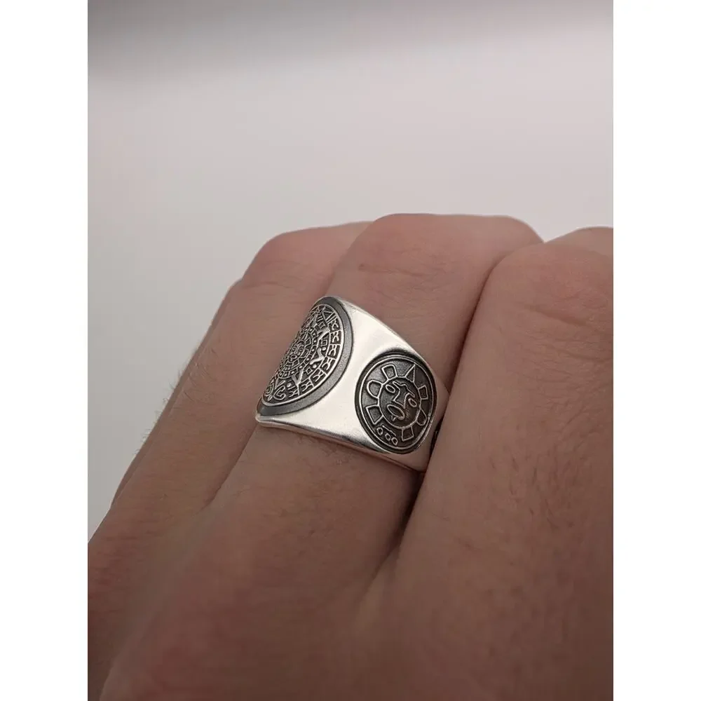 Sterling Silver 925 Aztec Mayan Calender Ring Size 11.5